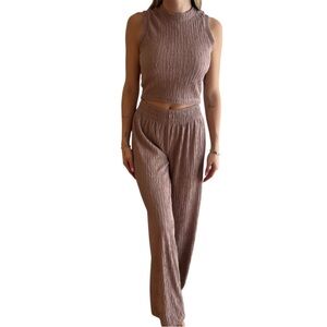 Sleeveless Ribbed Cropped Top & Wide-Leg Pants Set - Mauve